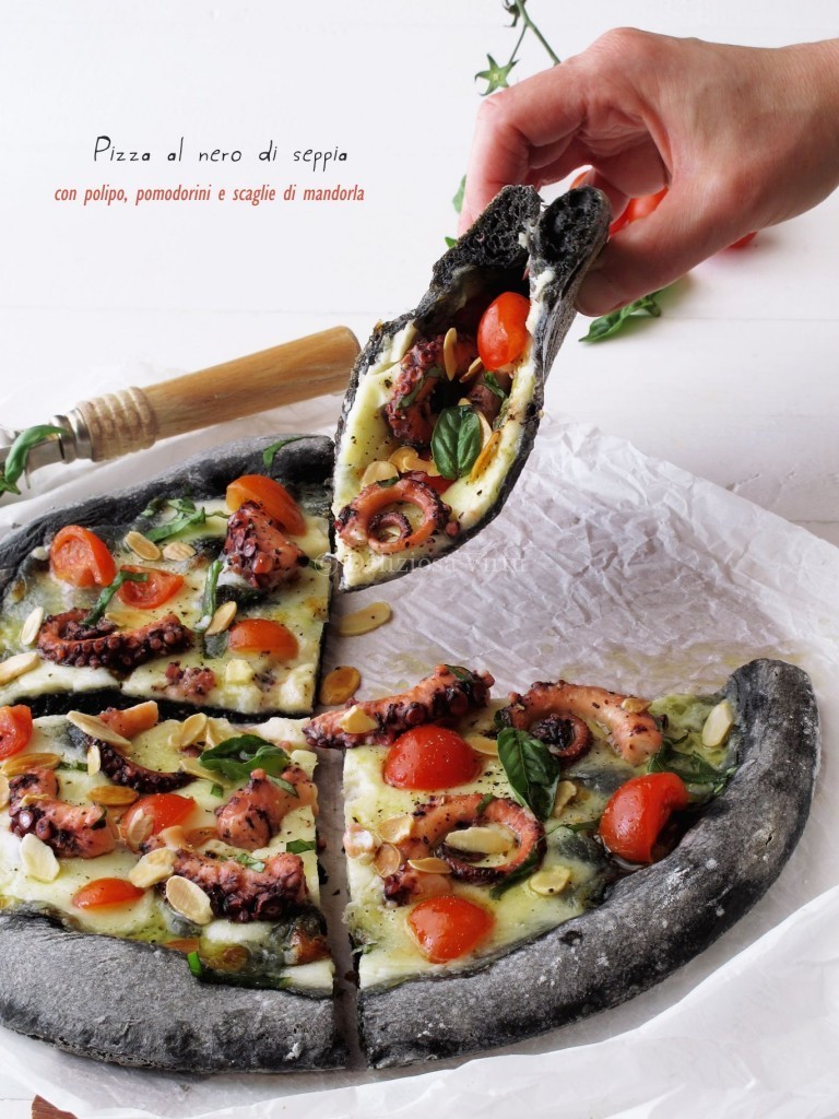 Pizza al nero di seppia con polipo pomodorini e scaglie di mandorla 4